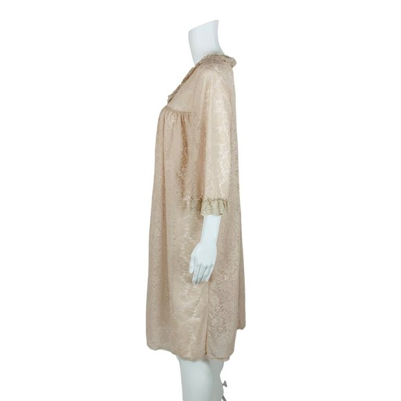 Vintage 60s Lace Robe Beige Pink Nylon Babydoll Deadstock Lingerie - Picture 7 of 10